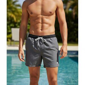 New Speedo Large Gray Black UPF 50 Drawstring Zip Pockets Swim Suit Trunks